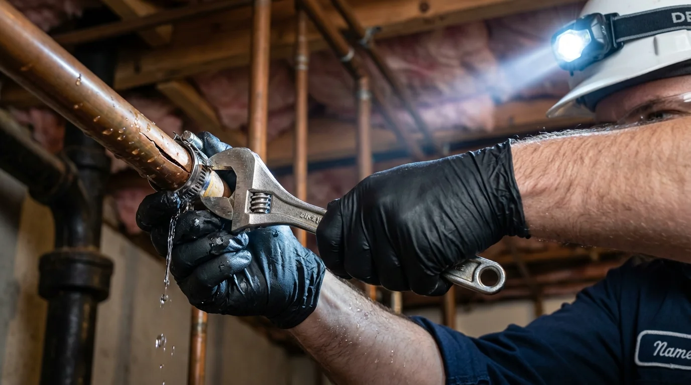 Emergency pipe clamp repair being performed by a Johns Plumbing LLC plumber in Whitesboro