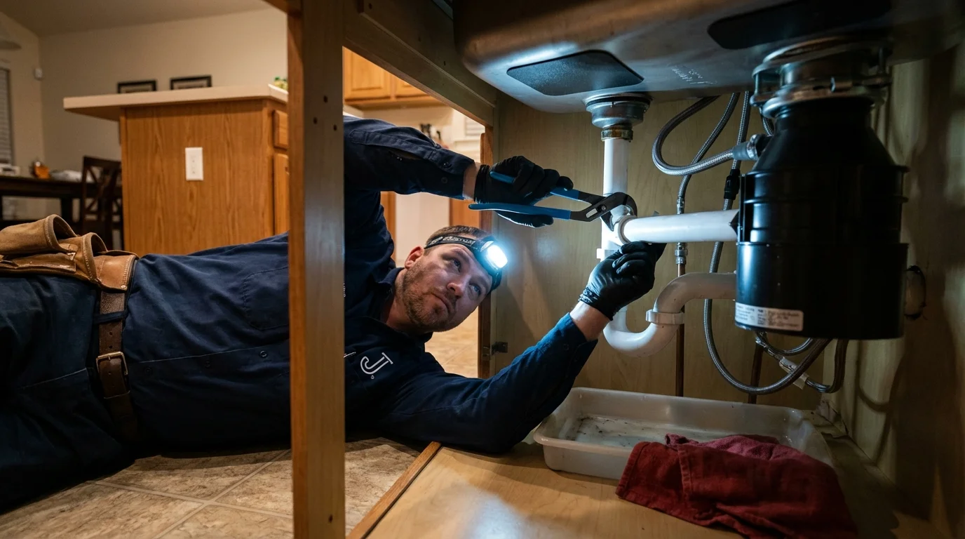 P-trap and supply line connections under a kitchen sink showing a common leak point in Whitesboro, TX